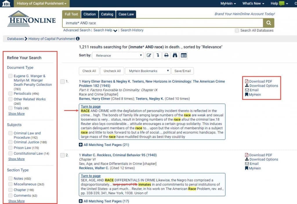 Screenshot of search results featuring options for Refine Your Search and options for downloading or bookmarking results