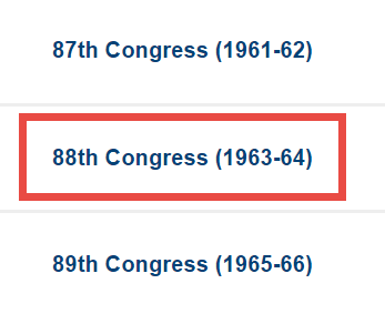 Screenshot highlighting 88th Congress (1963-1964) search result