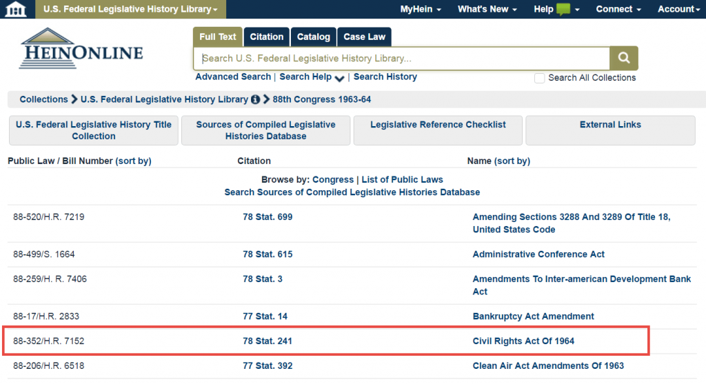 Screenshot of Civil Rights Act of 1964 search result within US. Federal Legislative History Library