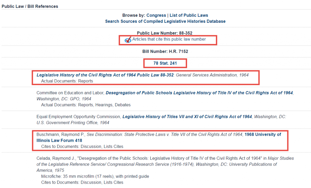Screenshot highlighting all of the available material relating to the public law