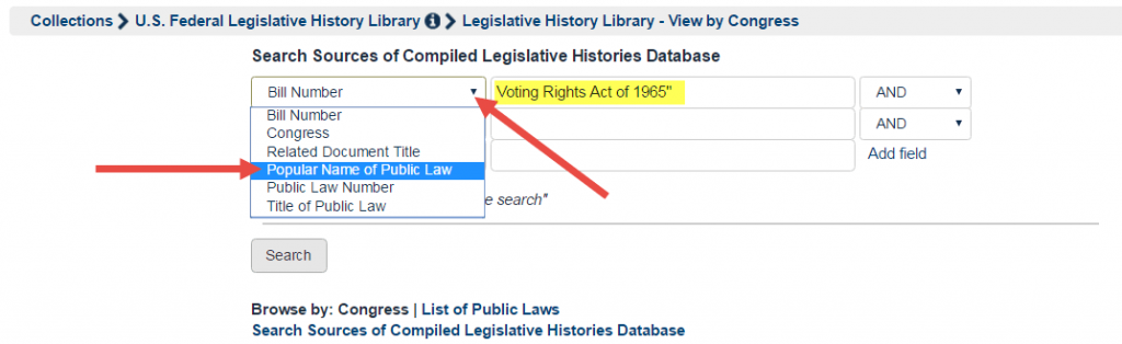 Screenshot of search within Sources of Compiled Legislative Histories Database subcollection