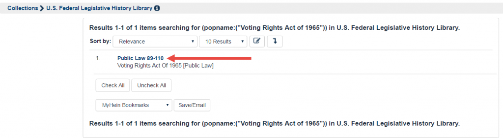 Screenshot of Voting Rights Act of 1965 result link in Sources of Compiled Legislative Histories Database