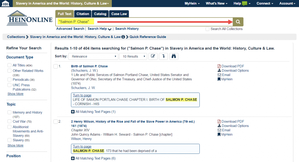 Screenshot of Full Text search results for "Salmon P. Chase" in HeinOnline