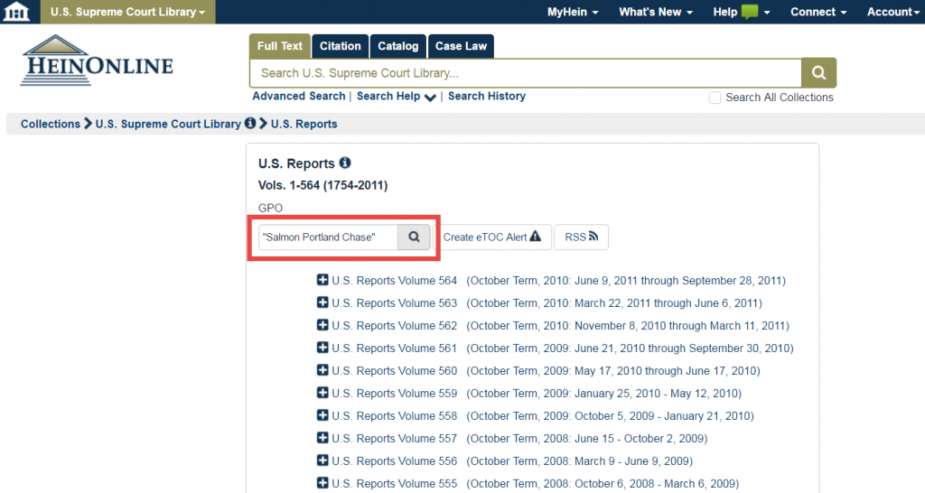 Screenshot of search for "Salmon Portland Chase" in U.S. Supreme Court Library
