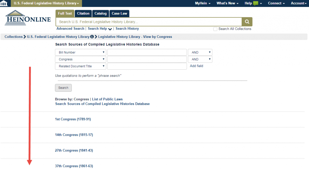Screenshot of search within Sources of Compiled Legislative Histories Database within the U.S. Federal Legislative History Library