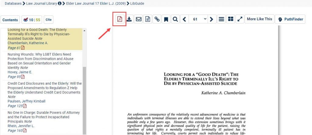 Screenshot of document within HeinOnline highlighting PDF icon
