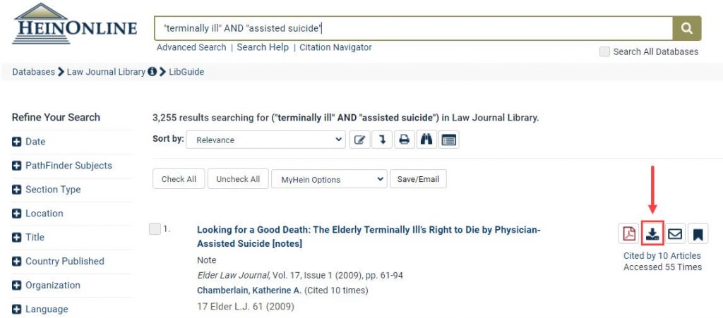 Screenshot of search results in Law Journal Library with downward facing arrow icon highlighted