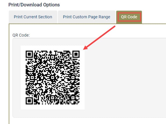 Screenshot of QR code option under Print/Download Options screen