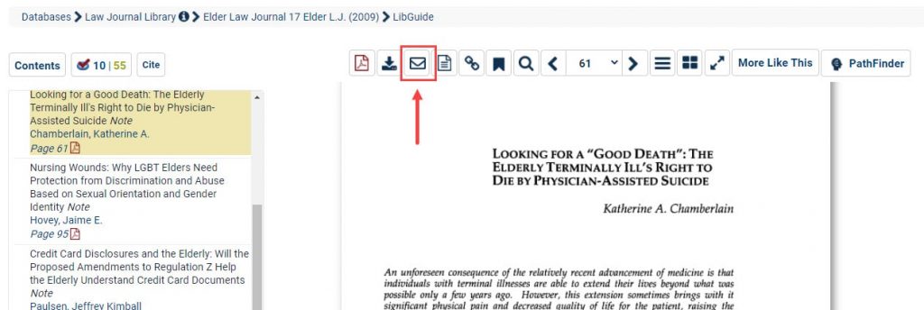 Screenshot of document within HeinOnline with email icon highlighted