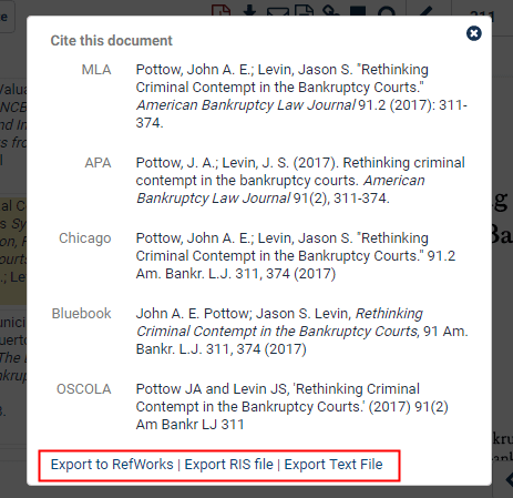Screenshot of Citations for an article calling out export options