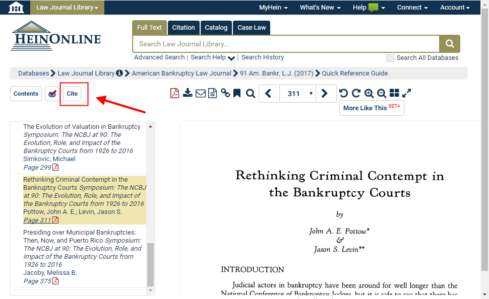 Screenshot of article in the Law Journal Library pointing to the Cite button