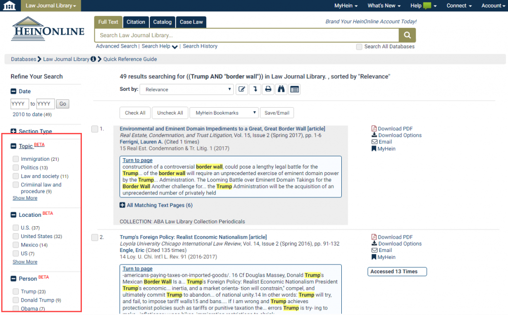 Screenshot of search results for Trump AND "border wall" within the Law Journal Library