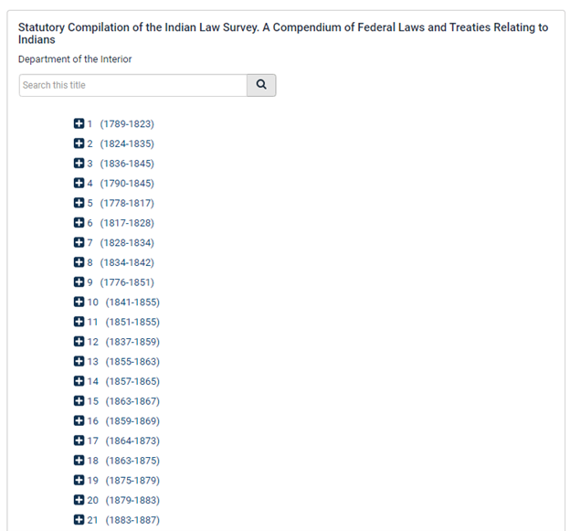 Screenshot of Statutory Compilation of the Indian Law Survey. A Compendium of Federal Laws and Treaties Relating to Indians