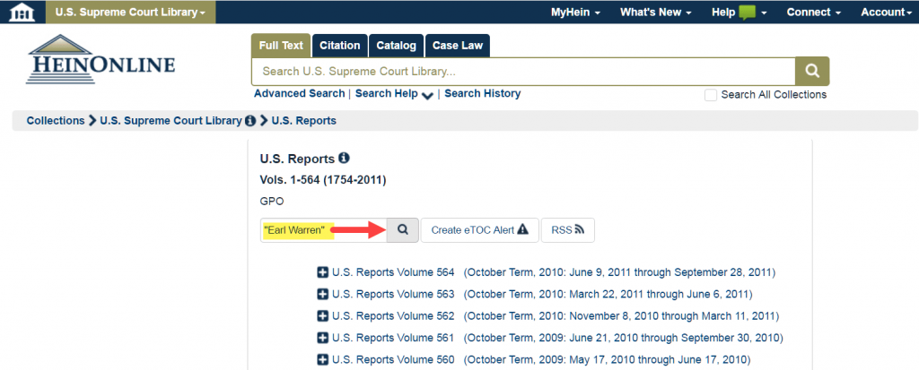 Screenshot of the U.S. Supreme Court Library showing U.S. Reports
