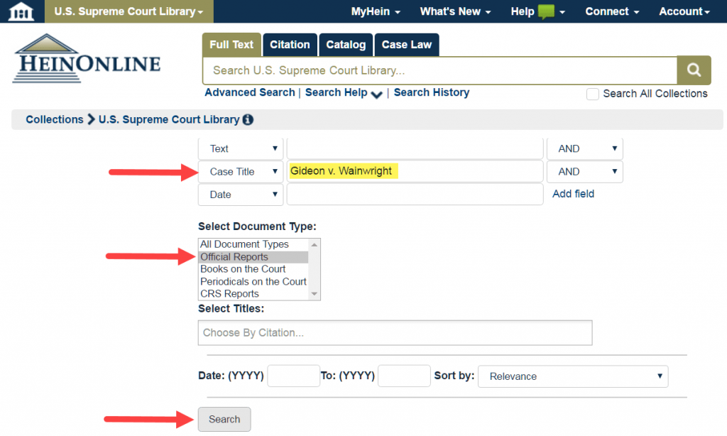 Screenshot of advanced search within the U.S. Supreme Court Library