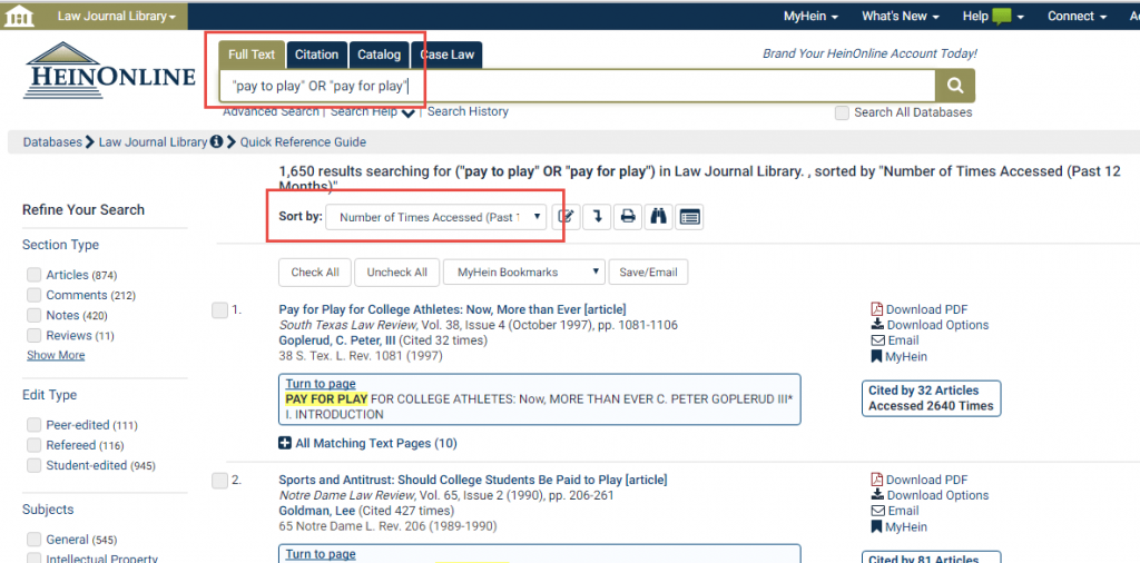 Screenshot featuring Full Text search in Law Journal Library with Sort By options