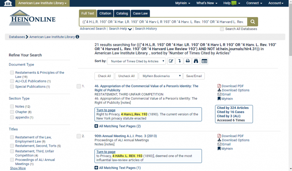 Screenshot of articles cites by ALI from search results