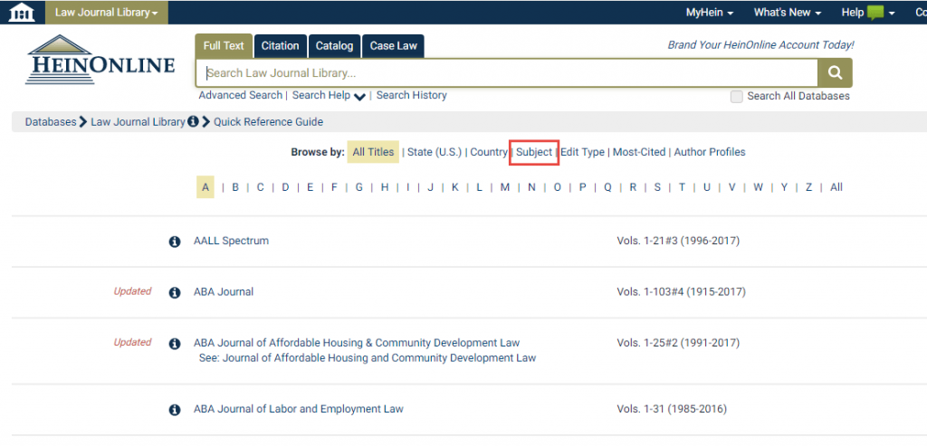 Screenshot highlighting ability to search by Subject in Law Journal Library