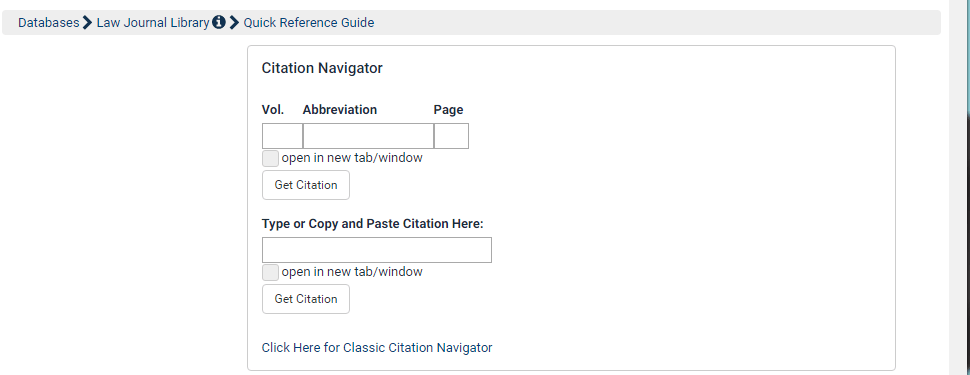Screenshot of the Citation Navigator in the Law Journal Library