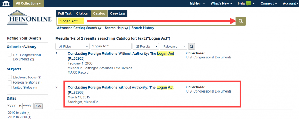 Screenshot of Catalog search for "Logan Act" in HeinOnline