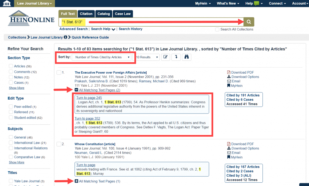 Screenshot of Full Text search results in the Law Journal Library with Sort by options and All Matching Text Pages options highlighted