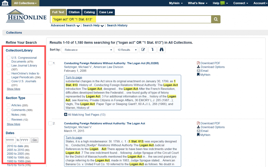 Screenshot of Full Text search across HeinOnline with facets on left side highlighted