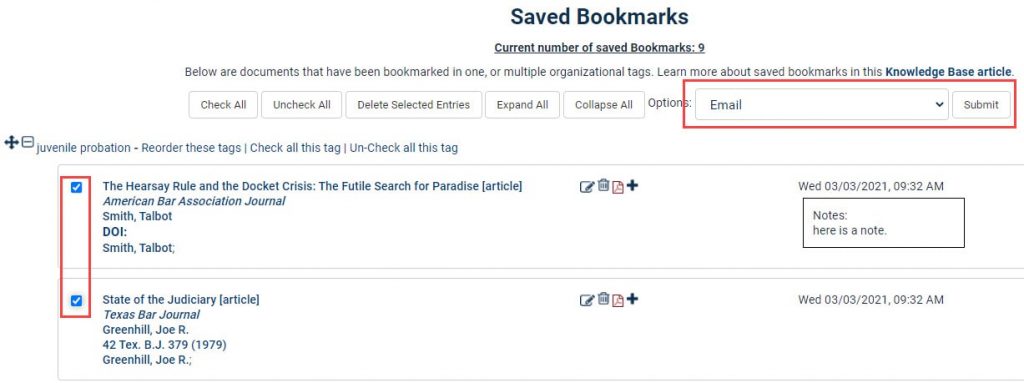 Screenshot of Saved Bookmarks within MyHein with email and PDF download options highlighted
