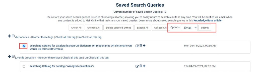 Screenshot of Saved Search Queries within HeinOnline with Email option highlighted