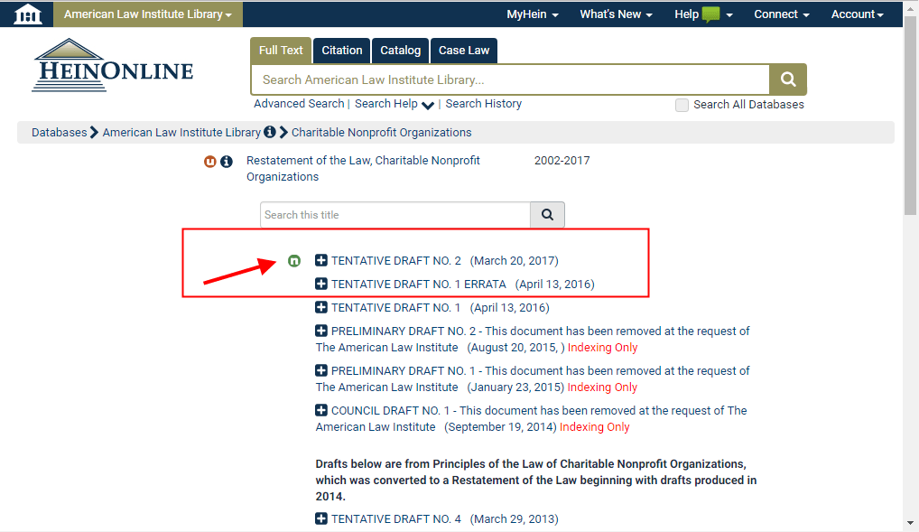 Screenshot showing new icon within American Law Institute Library