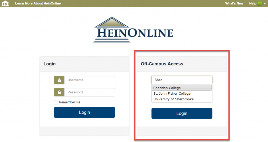 Screenshot of Off-Campus login feature