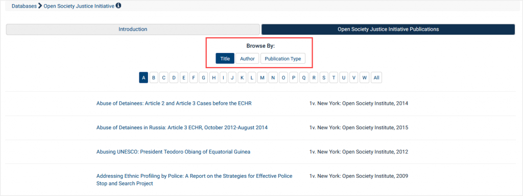 Screenshot of Browse By options within Open Society Justice Initiative Publications