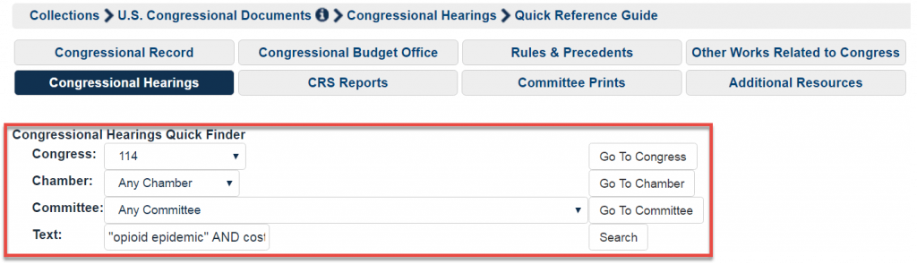 Congressional Hearing quick finder screenshot