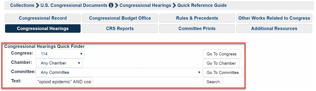 Congressional Hearing quick finder screenshot
