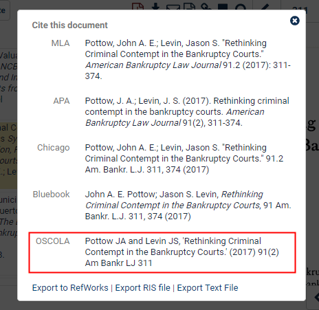 Screenshot of Citations for an article calling out OSCOLA Citation