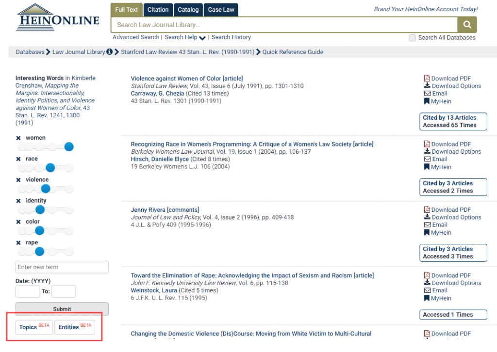 Screenshot of Full Text search in Law Journal Library with search options for Topics and Entities highlighted