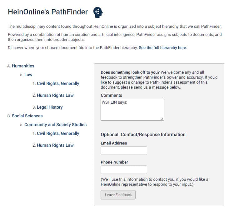 Screenshot of PathFinder feedback form