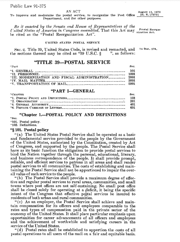 Screenshot of excerpt from Postal Reorganization Act of 1970