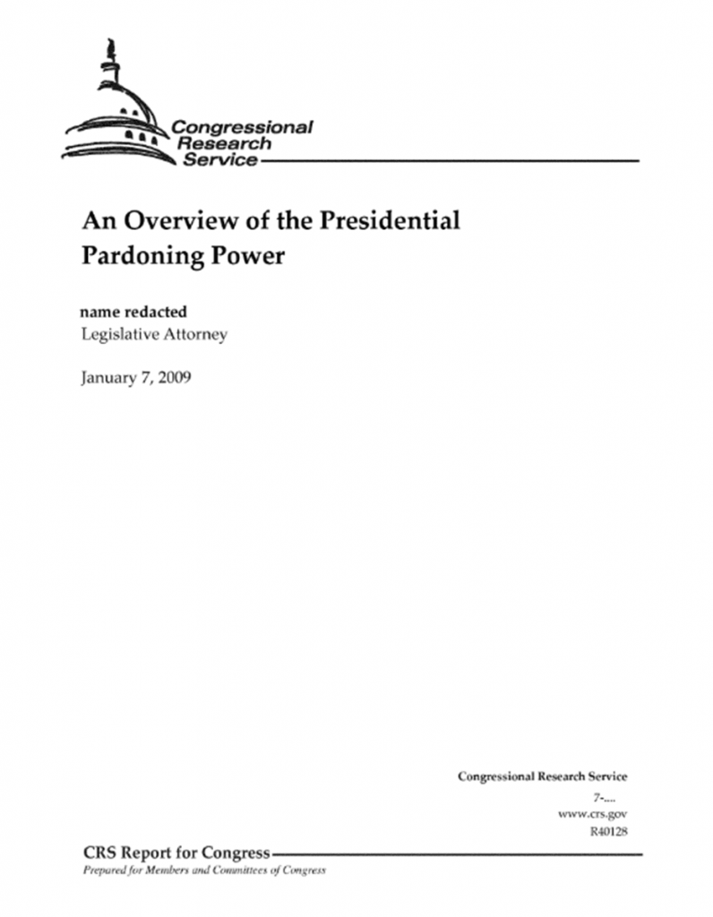 Screenshot of Congressional Research Service report: An Overview of the Presidential Pardoning Power cover page