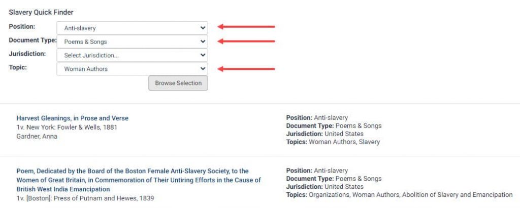 Example search using the Slavery quick finder tool screenshot
