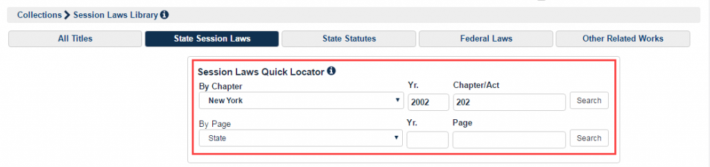 Screenshot of Session Laws Quick Locator tool