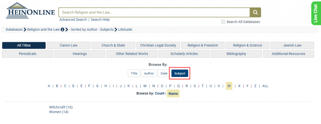 Screenshot of Religion and the Law subjects