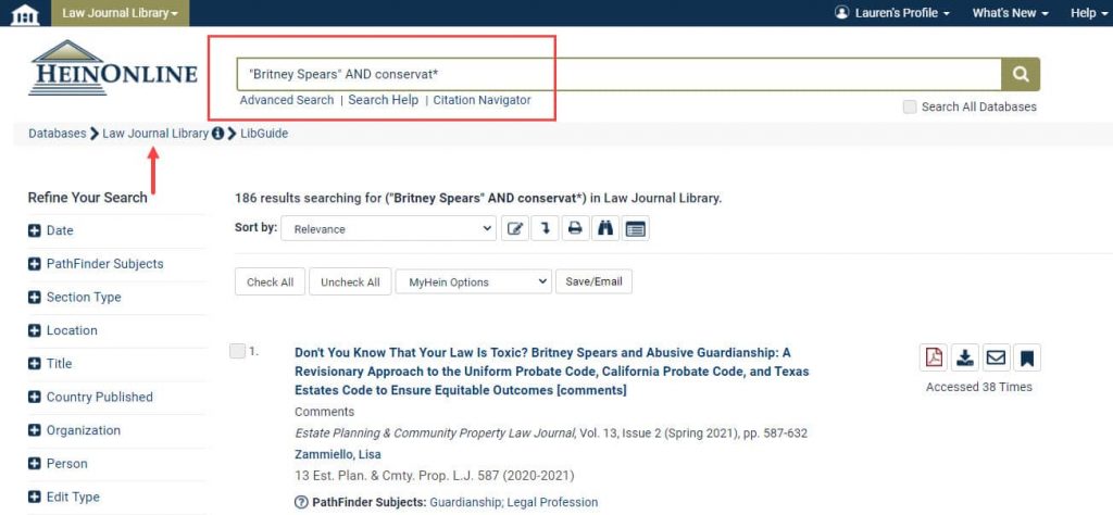 Screenshot of full text search example in the Law Journal Library