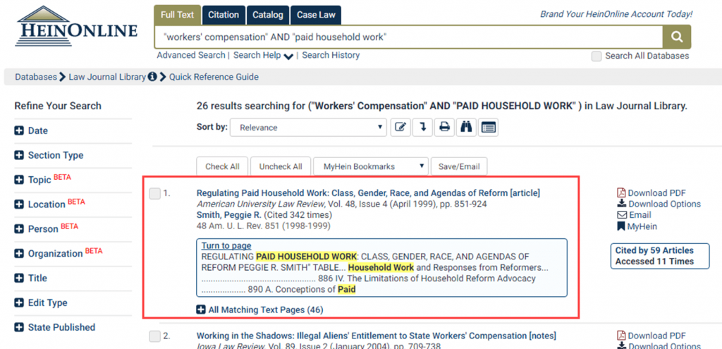 Screenshot of Full Text search in the Law Journal Library