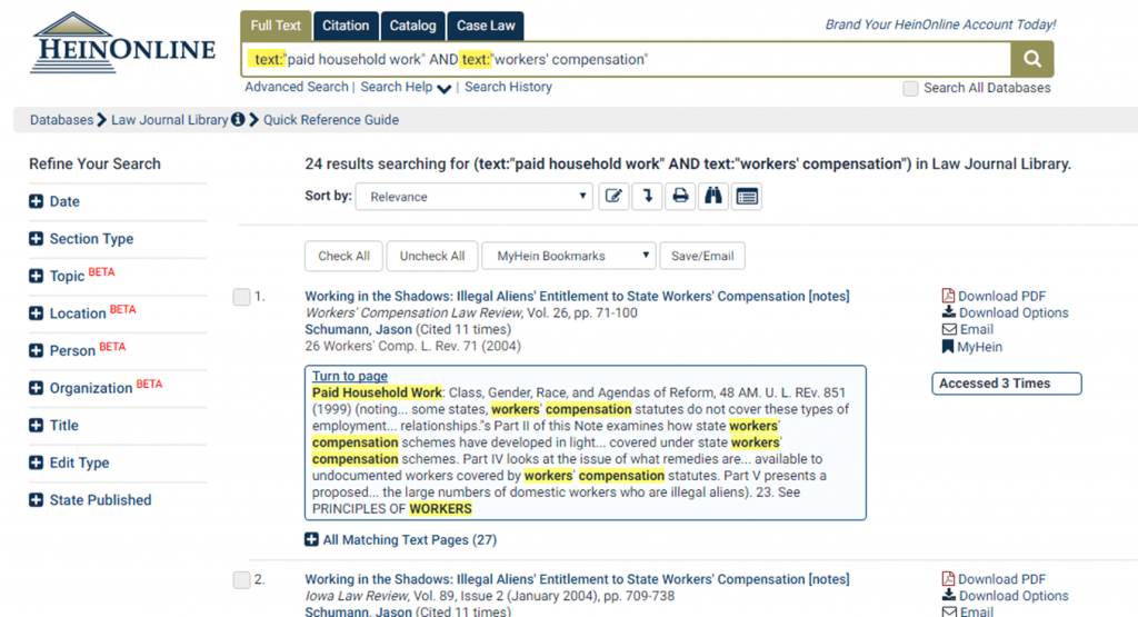 Screenshot of search results in the Law Journal Library using topics and entities