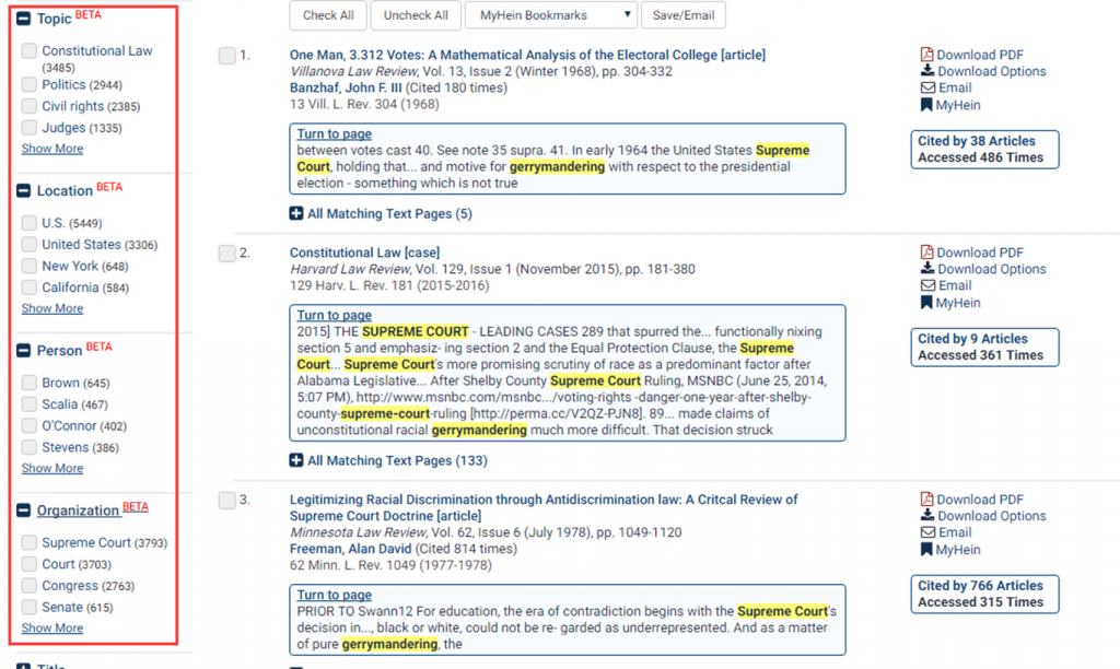 Screenshot of search results in HeinOnline featuring topic and entity search-refining facets