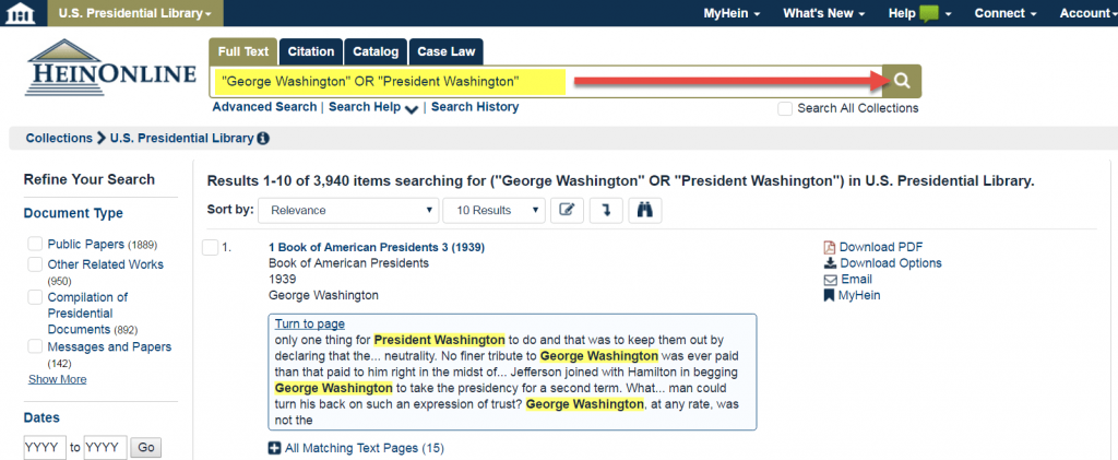 Screenshot of Full Text search in U.S. Presidential Library in HeinOnline