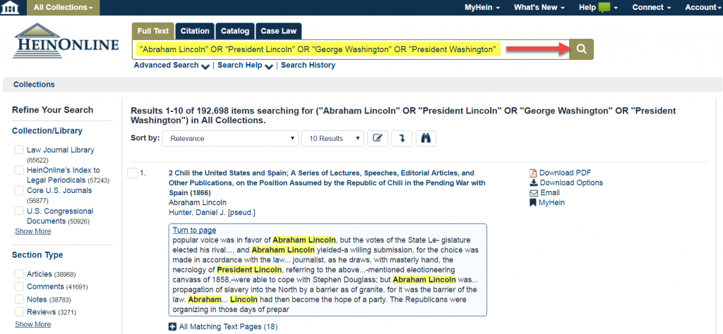 Screenshot of Full Text search in HeinOnline