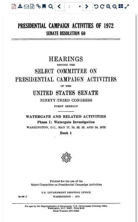Screenshot of first hearings on Watergate investigation
