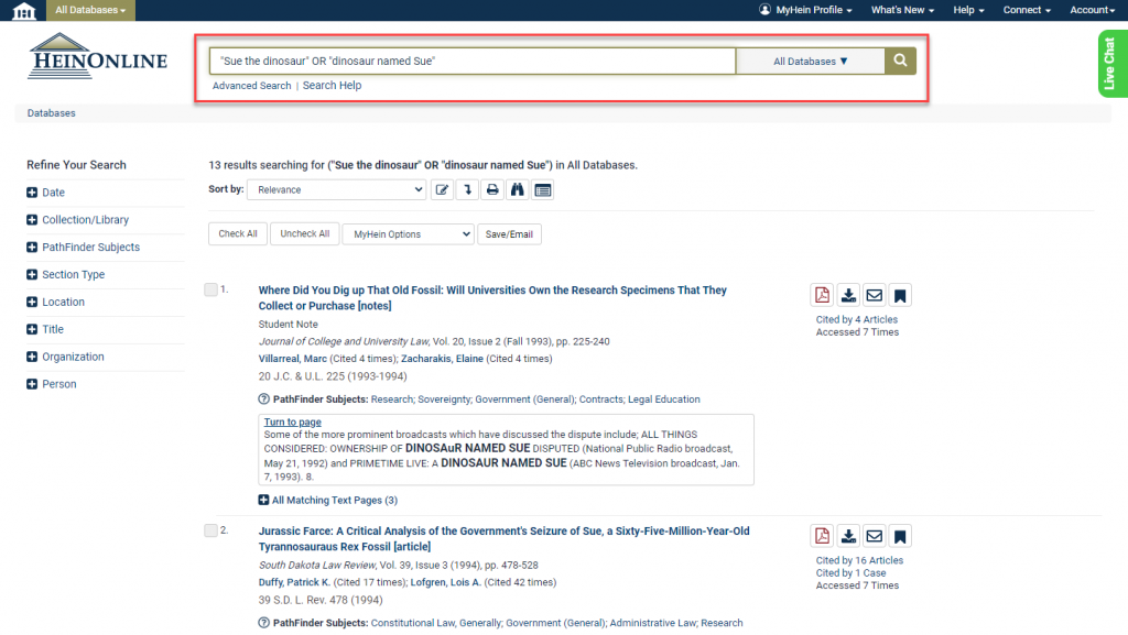 screenshot of search results in HeinOnline