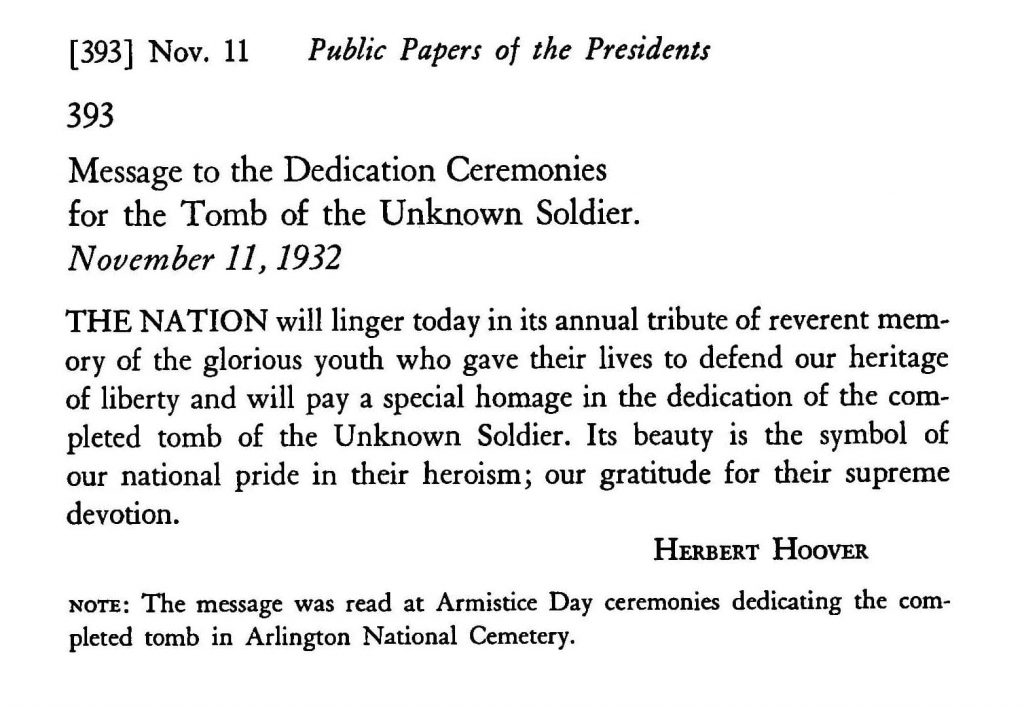 President Hoover's message at the dedication of the present Tomb of the Unknown Soldier